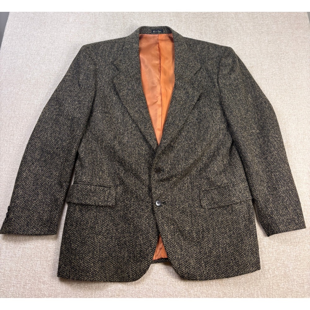 J. Riggins Mens 44R Herringbone Blazer Brown Tweed Two Button Sport Coat Vintage